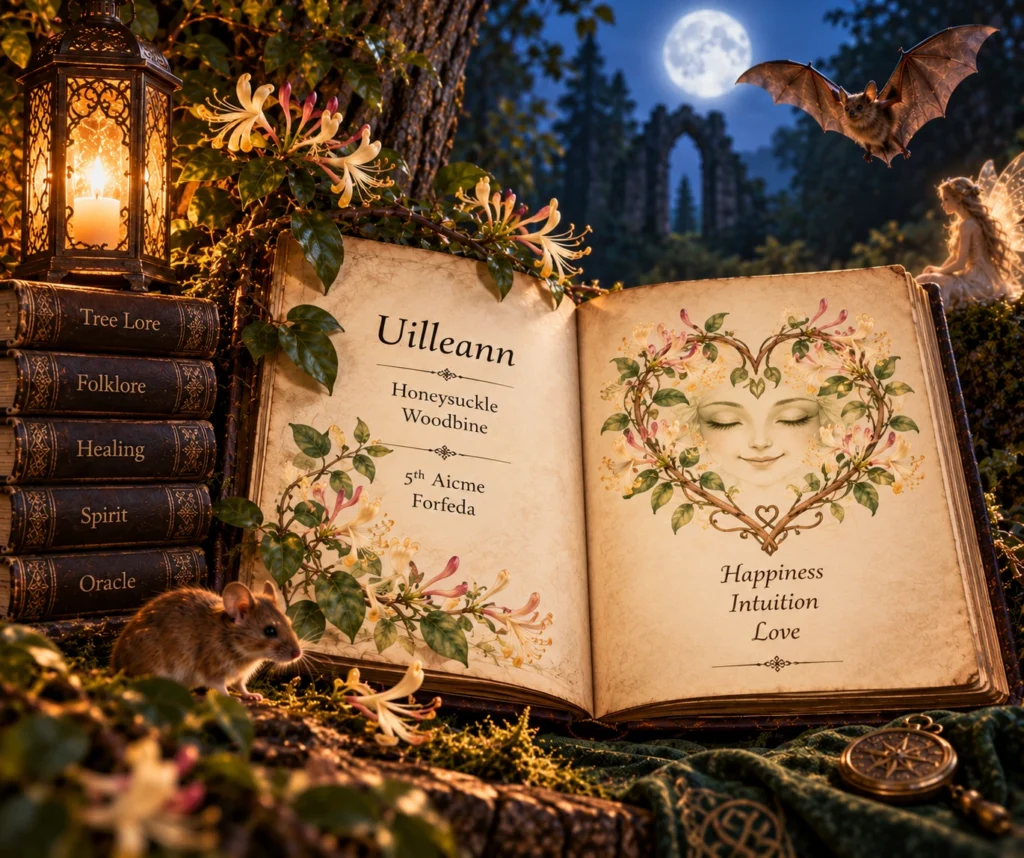 Honeysuckle Tree Ogham lore illustration featuring an open Uilleann book, Honeysuckle flowers, a mouse, bat and fairy beneath the moonlight.
