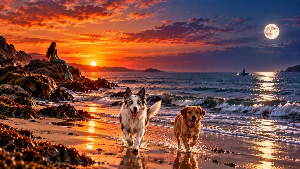 The Sea at sunset and moonrise with Bruce's two dogs running along the shore, a mermaid on the rocks and an orca beneath the moonlight.