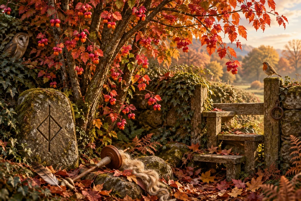 Spindle Tree in autumn with Oir Ogham stone, wooden spindle, owl and robin beside a traditional woodland stile.