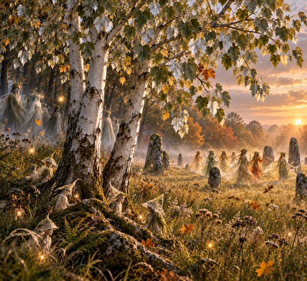 White poplars with silver-green leaves overlook a golden meadow where misty fairy figures dance among standing stones and small woodland beings gather at the roots.