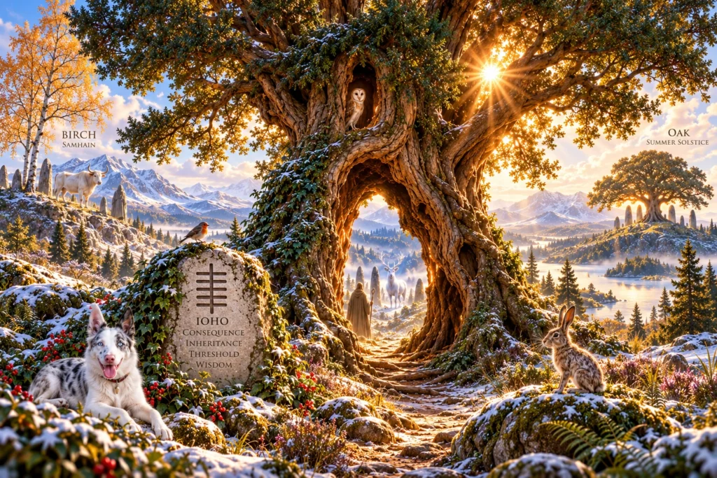 Ancient Yew Tree glowing with spiritual radiance, with Birch and Oak representing the Three Pillars of Wisdom and the turning of the Ogham year.