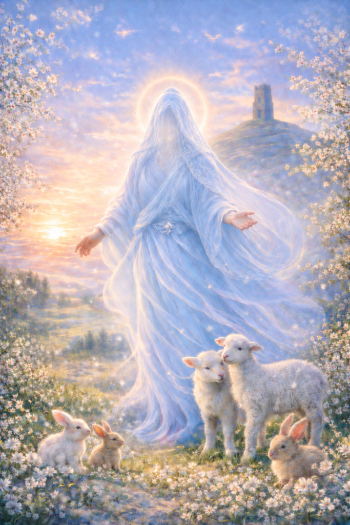 aa-Raphael Archangel Raphael veiled in pale blue robes within a spring landscape, surrounded by blossom, lambs and rabbits beneath a glowing sunrise.