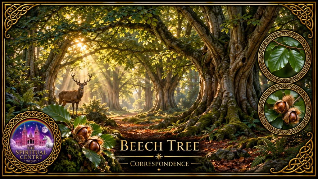 Ancient Beech Tree grove with Stag, Beech leaves and nuts, representing Correspondence in Ogham Tree Lore.
