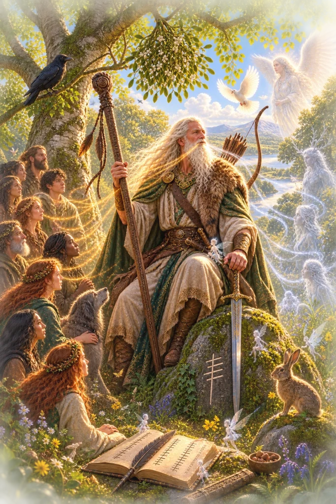 Illustration of Ogmios and Ogma representing eloquence, Ogham and communication between the physical and spiritual worlds.