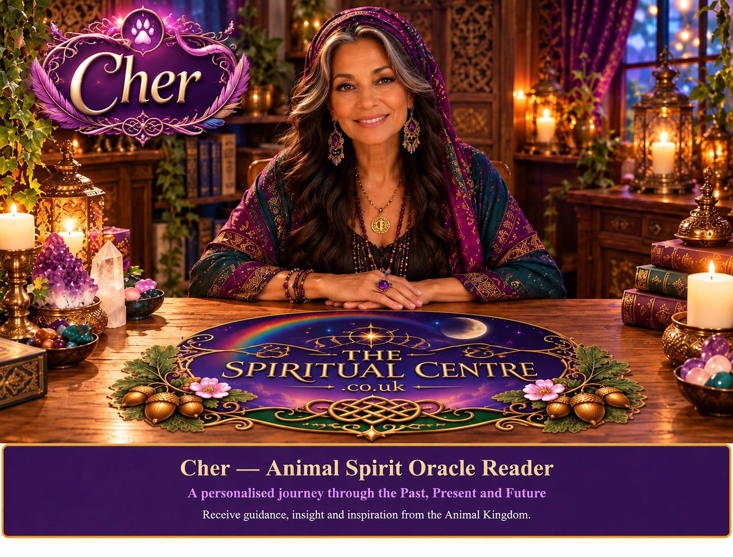Cher, The Spiritual Centre's Animal Spirit Oracle Reader, seated in her candlelit reading room.