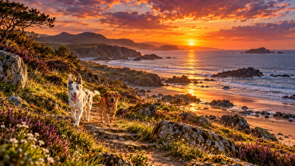 Bruce Cliftons dogs, Tom and Phima walking along a coastal path at sunset, near home.