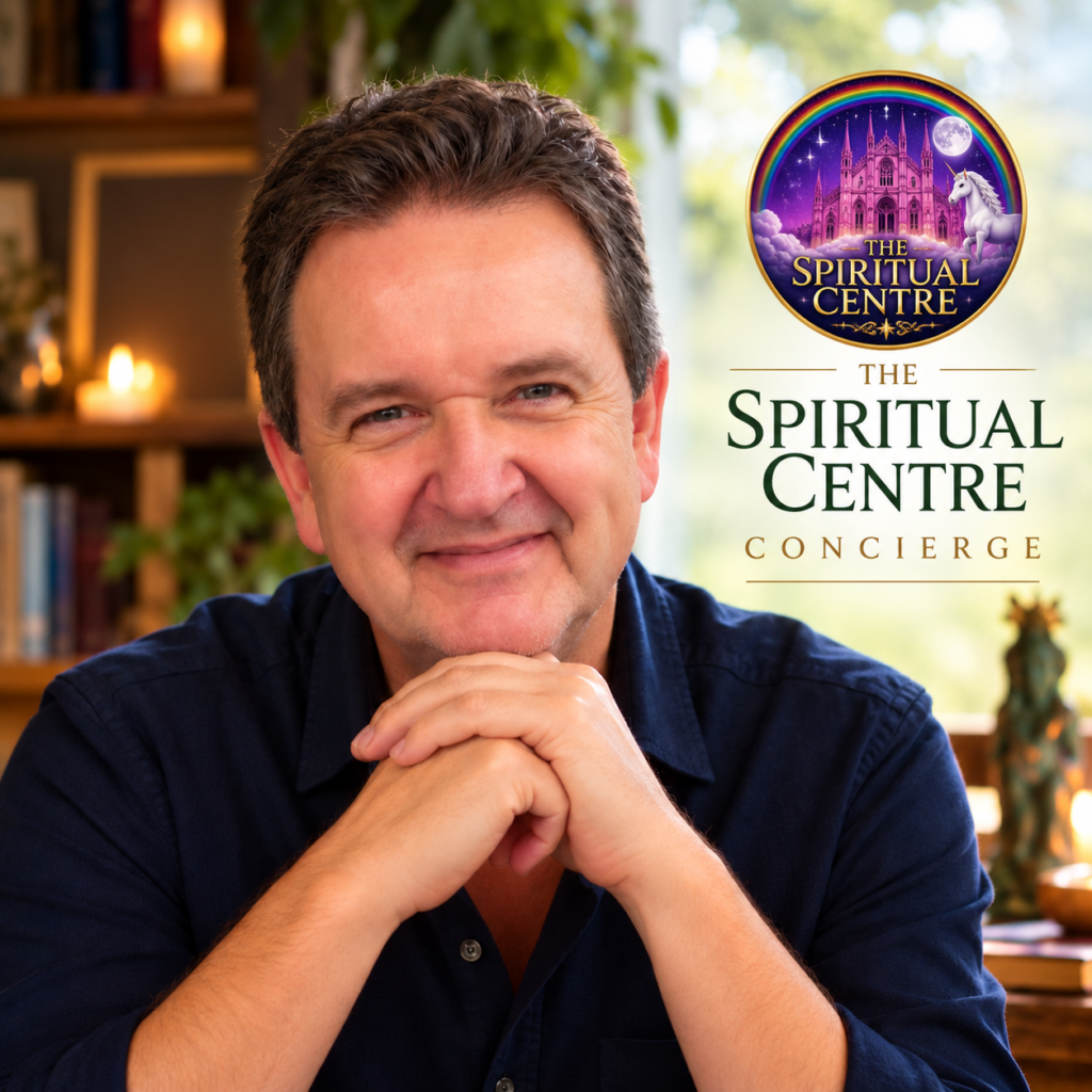 Bruce, The Spiritual Centre Concierge, with The Spiritual Centre logo