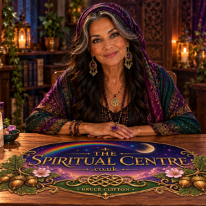 Cher, The Spiritual Centre's Animal Spirit Oracle Reader, seated behind a wooden reading table with the Spiritual Centre logo, wearing purple and green clothing in a warmly lit spiritual reading room.