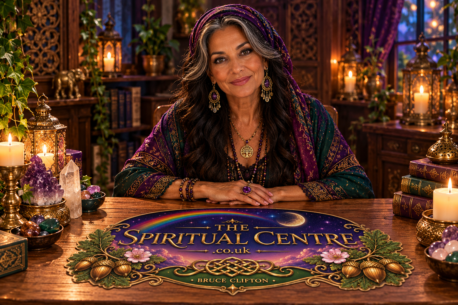Cher, The Spiritual Centre's Animal Spirit Oracle Reader, seated behind a wooden reading table with the Spiritual Centre logo, wearing purple and green clothing in a warmly lit spiritual reading room.